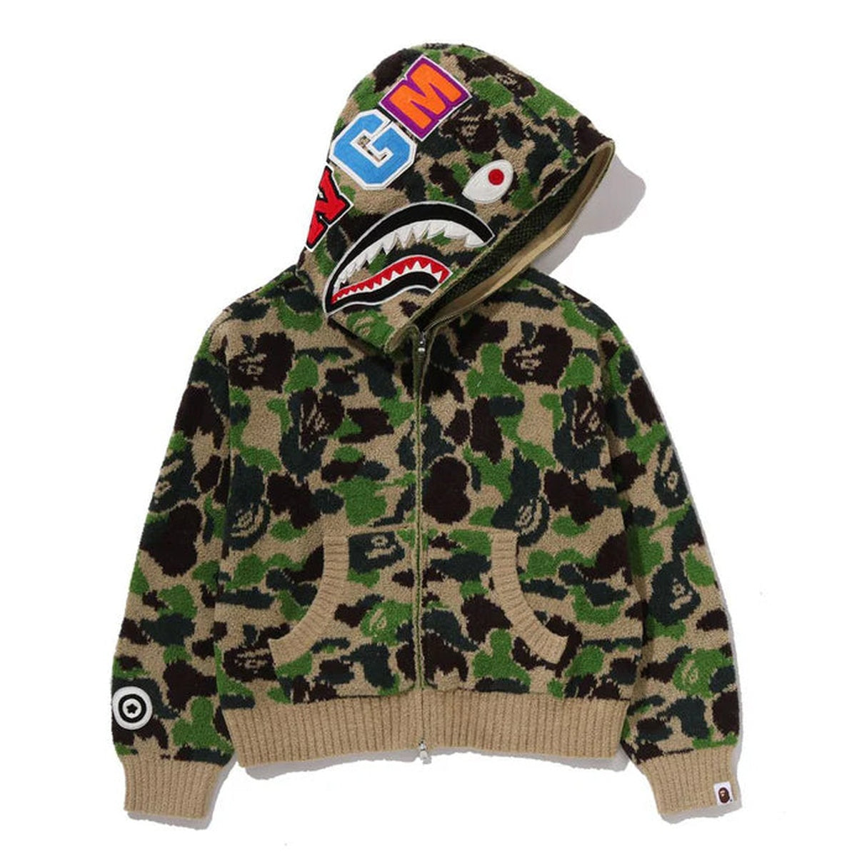 A BATHING APE BAPE LADIES' ABC CAMO TOWEL JACQUARD SHARK CROPPED FULL ZIP HOODIE GREEN