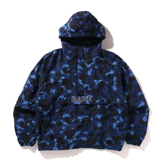A BATHING APE BAPE CRINKLE EFFECT COLOR CAMO HALF ZIP HOODIE JACKET NAVY