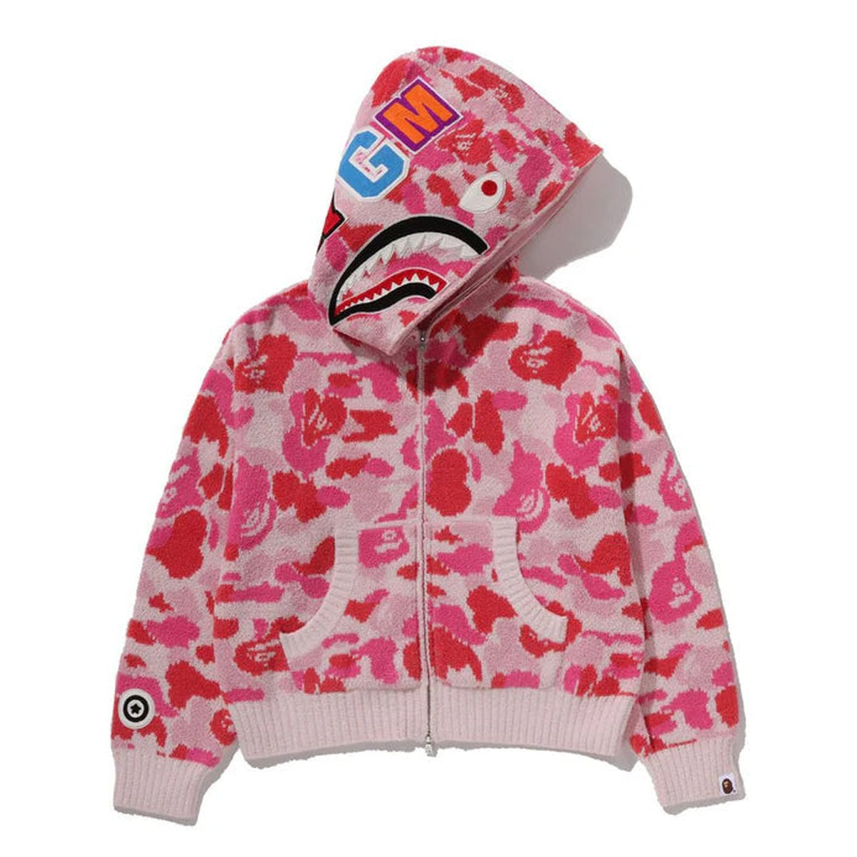 A BATHING APE BAPE LADIES' ABC CAMO TOWEL JACQUARD SHARK CROPPED FULL ZIP HOODIE PINK