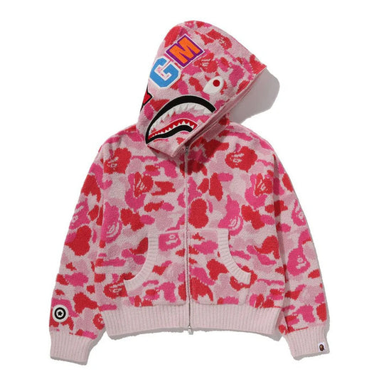 A BATHING APE BAPE LADIES' ABC CAMO TOWEL JACQUARD SHARK CROPPED FULL ZIP HOODIE PINK