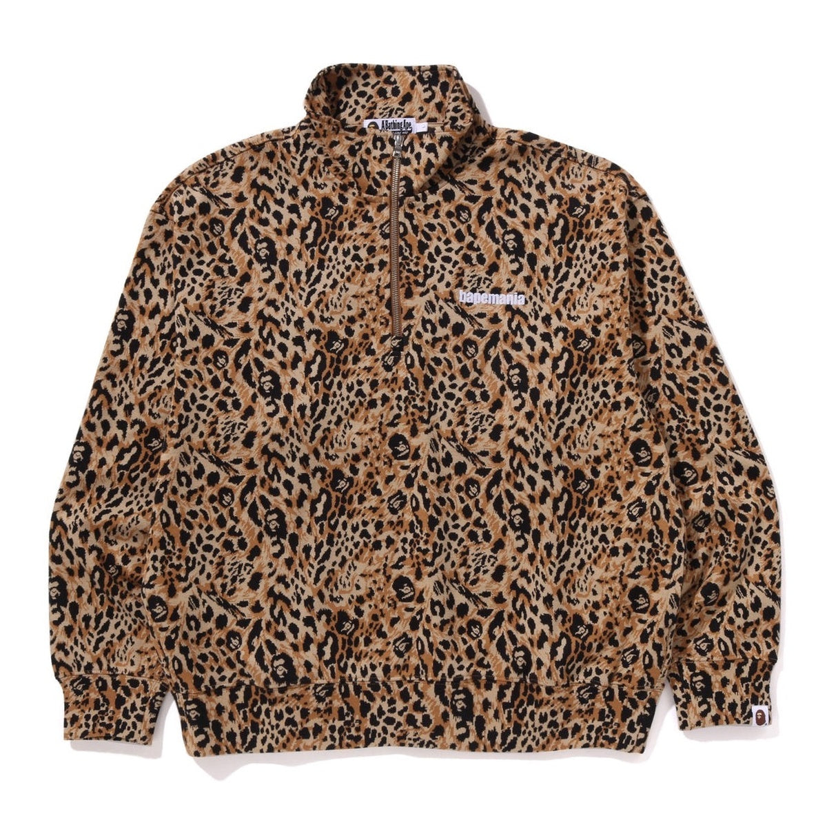 A BATHING APR WILD LEOPARD PATTERN RELAXED HALF ZIP SWEAT SHIRT BEIGE