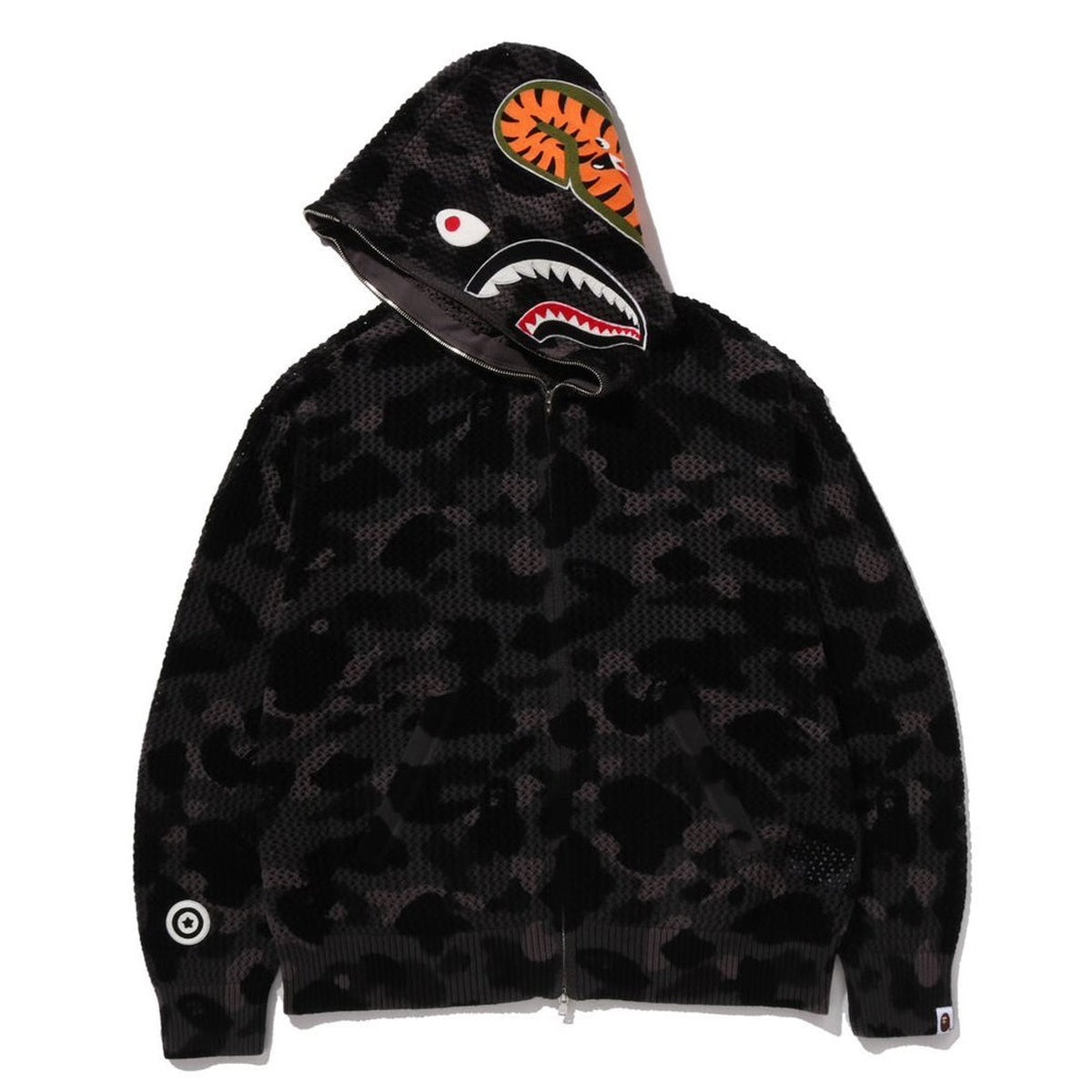 A BATHING APE BAPE COLOR CAMO CROCHET RELAXED FIT SHARK FULL ZIP HOODIE BLACK