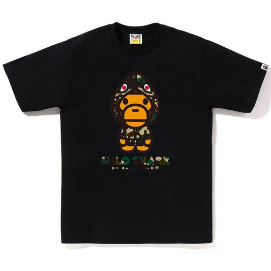 A BATHING APE BAPE 1ST CAMO MILO SHARK FZH TEE BLACK YELLOW