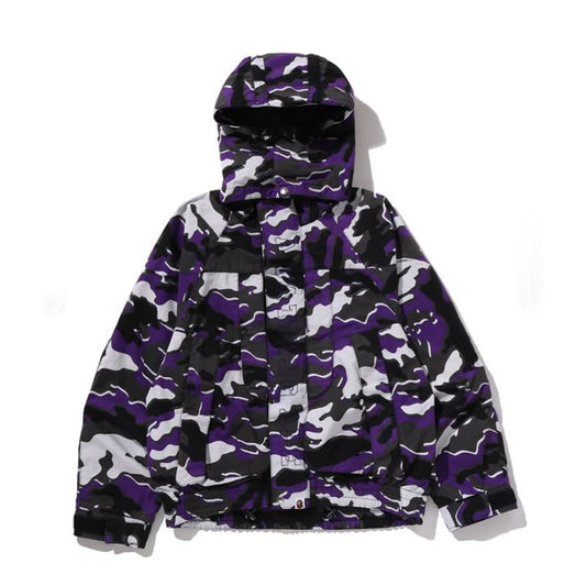 A BATHING APE BAPE GLITCH WOODLAND CAMO SHORT SNOWBOARD JACKET PURPLE