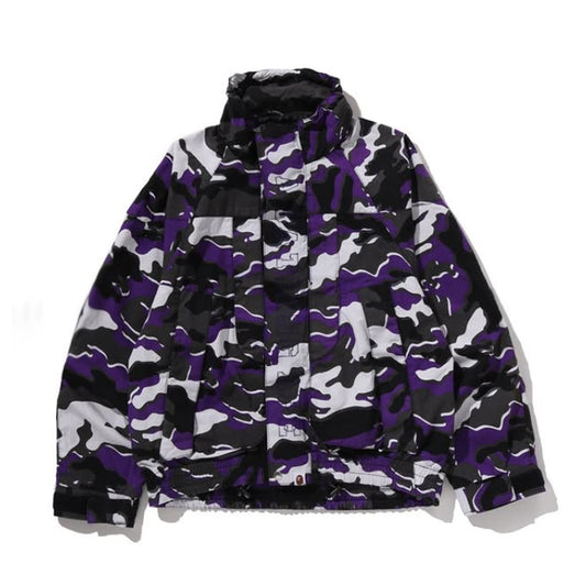 A BATHING APE BAPE GLITCH WOODLAND CAMO SHORT SNOWBOARD JACKET PURPLE