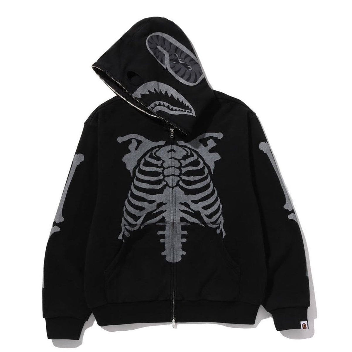 A BATHING APE BAPE SKELETON SHARK HEAVY WASHED CROPPED FIT FULL ZIP HOODIE BLACK