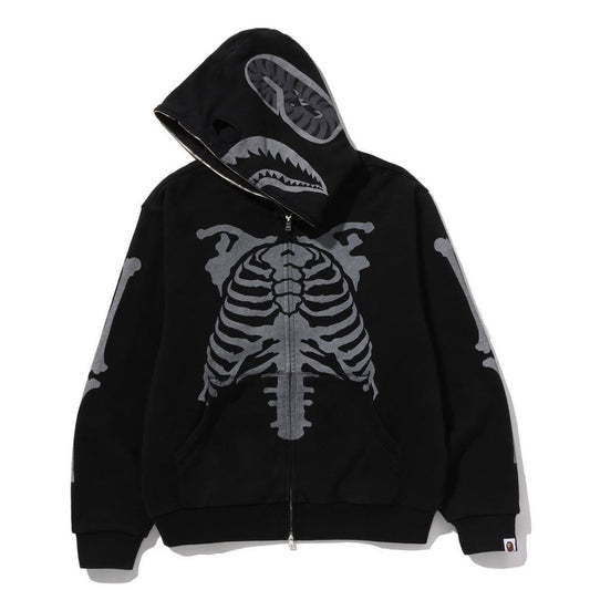 A BATHING APE BAPE SKELETON SHARK HEAVY WASHED CROPPED FIT FULL ZIP HOODIE BLACK