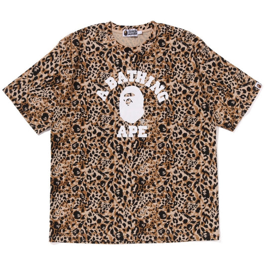 A BATHING APE BAPE WILD LEOPARD PATTERN COLLEGE RELAXED FIT TEE BEIGE