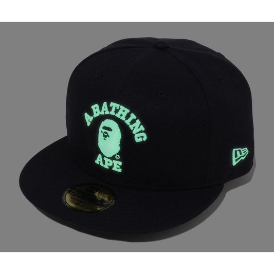 A BATHING APE BAPE NEW ERA 59 FIFTY GLOW IN THE DARK COLLEGE CAP BLACK