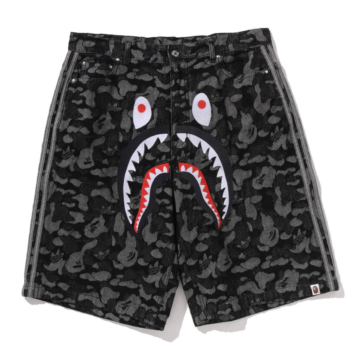 A BATHING APE BAPE ADIDAS World Cup Pack CAMO JACQUARD SHARK DENIM JORTS BLACK