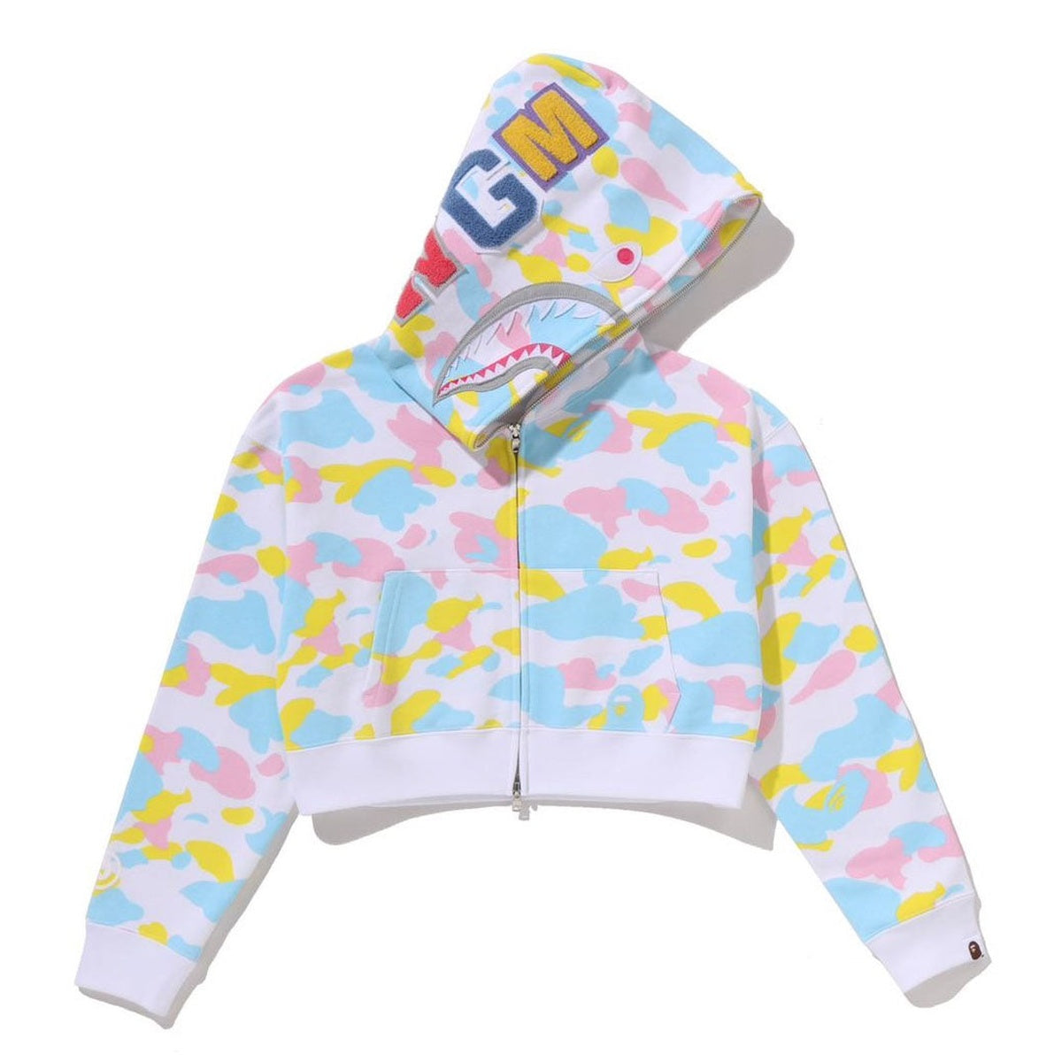 A BATHING APE BAPE LADIES' NEW MULTI CAMO CROPPED SHARK FULL ZIP HOODIE WHITE