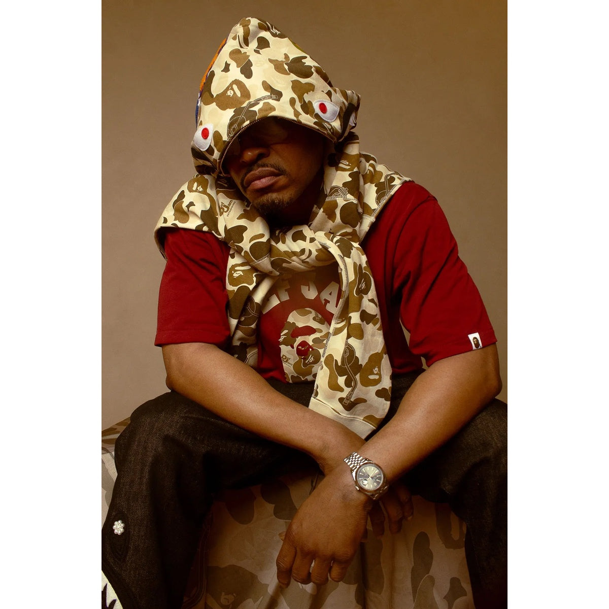 A BATHING APE BAPE DEF JAM CAMO SHARK RELAXED FIT FULL ZIP HOODIE BROWN