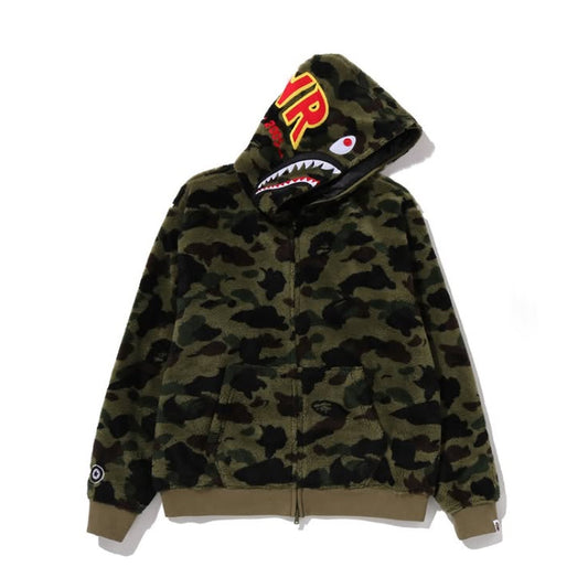 A BATHING APE BAPE 1ST CAMO 2ND SHARK BOA HOODIE JACKET GREEN