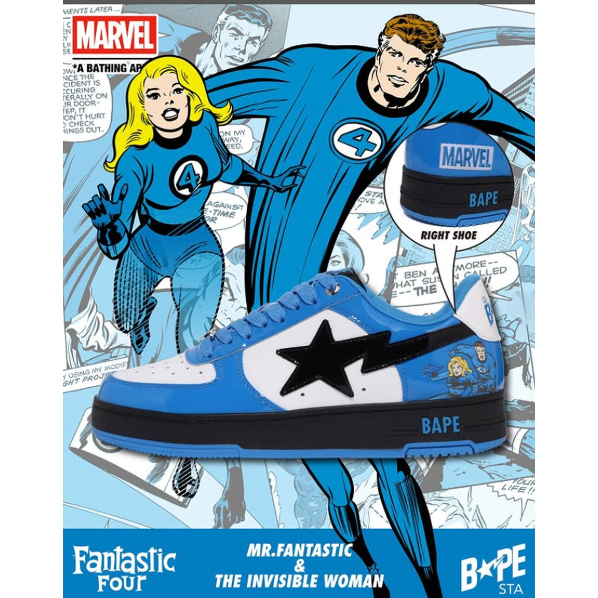 A BATHING APE BAPE STA BAPE F4 MARVEL THE FANTASTIC 4 MR.FANTASTIC & THE INVISIBLE WOMAN BLUE
