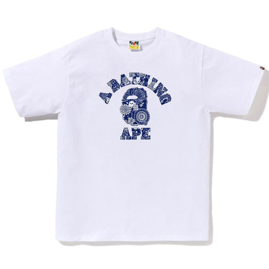 A BATHING APE BAPE JAPANESE INDIGO ART CAMO COLLEGE TEE WHITE NAVY