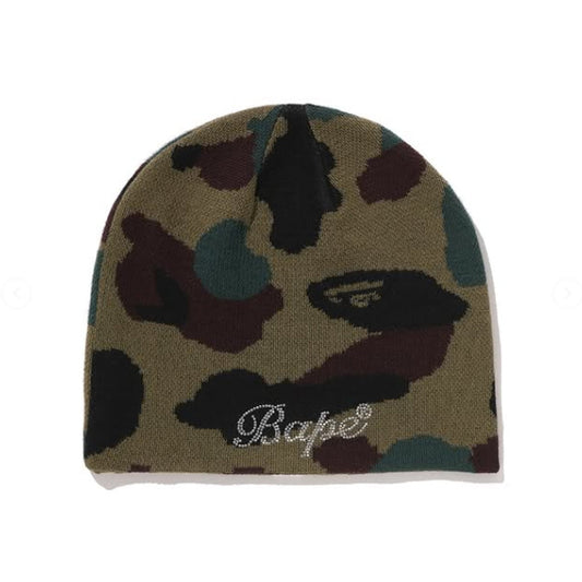 A BATHING APE BAPE LADIES' 1ST CAMO CRYSTAL LOGO BEANIE GREEN