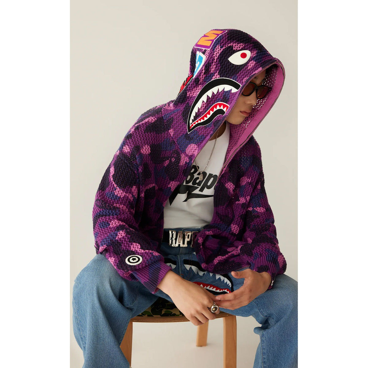 A BATHING APE BAPE COLOR CAMO CROCHET RELAXED FIT SHARK FULL ZIP HOODIE BLUE