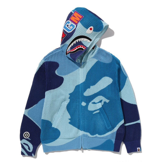 A BATHING APE BAPE ABC CAMO CROCHET SHARK RELAXED FIT FULL ZIP HOODIE BLUE