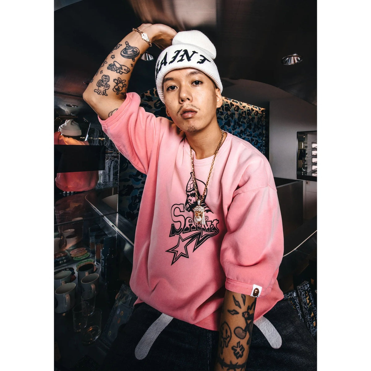 A BATHING APE BAPE SAINT MXXXXXX SAINT STA S/S CREWNECK SWEAT SHIRTS PINK