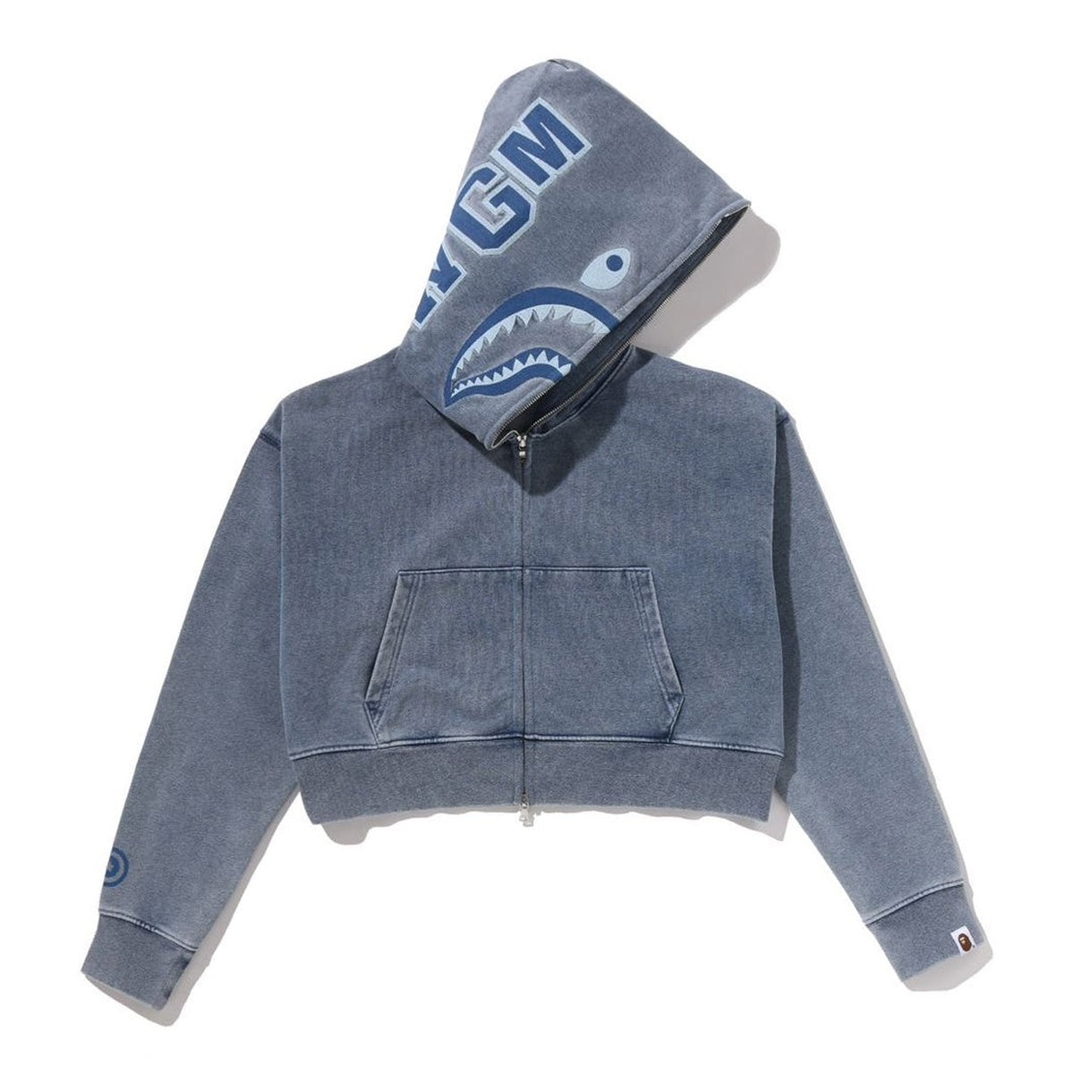 A BATHING APE BAPE Ladies' HEAVY WASHED INDIGO SHARK CROPPED FULL ZIP HOODIE LIGHT INDIGO