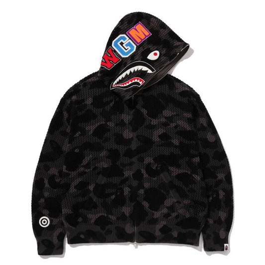 A BATHING APE BAPE COLOR CAMO CROCHET RELAXED FIT SHARK FULL ZIP HOODIE BLACK