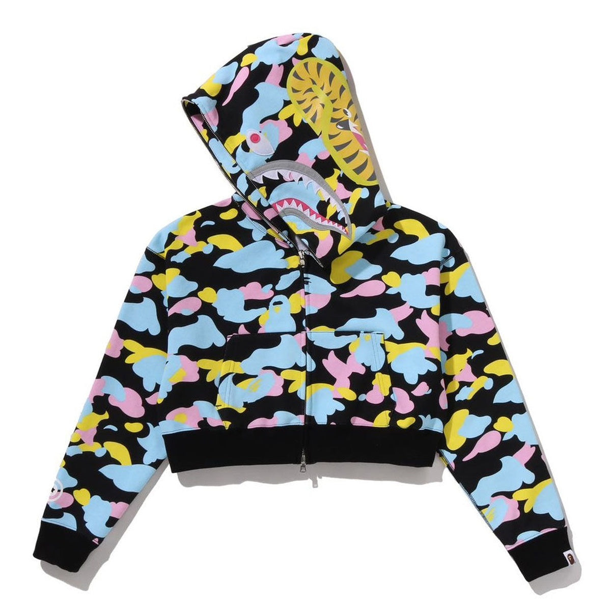A BATHING APE BAPE LADIES' NEW MULTI CAMO CROPPED SHARK FULL ZIP HOODIE BLACK