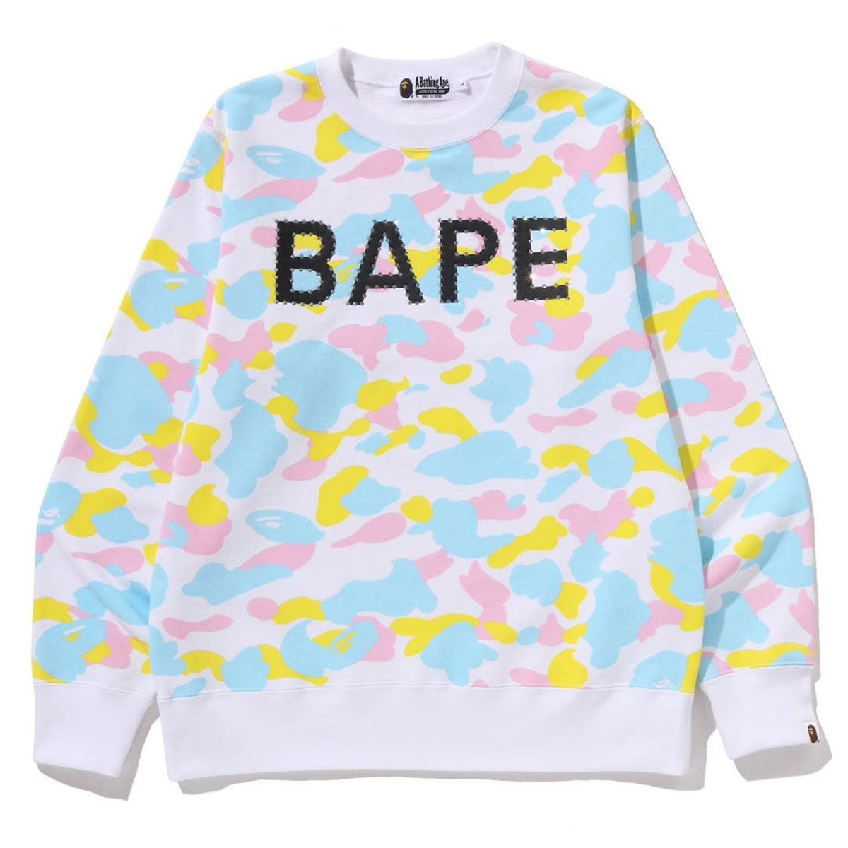A BATHING APE BAPE NEW MULTI CAMO RHINESTONE REGULAR FIT CREWNECK SWEAT SHIRT WHITE