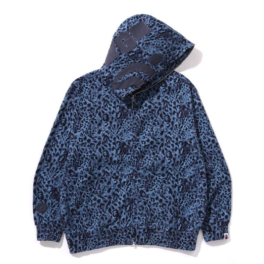 A BATHING APE BAPE WILD LEOPARD PATTERN SHARK RELAXED FULL ZIP HOODIE NAVY