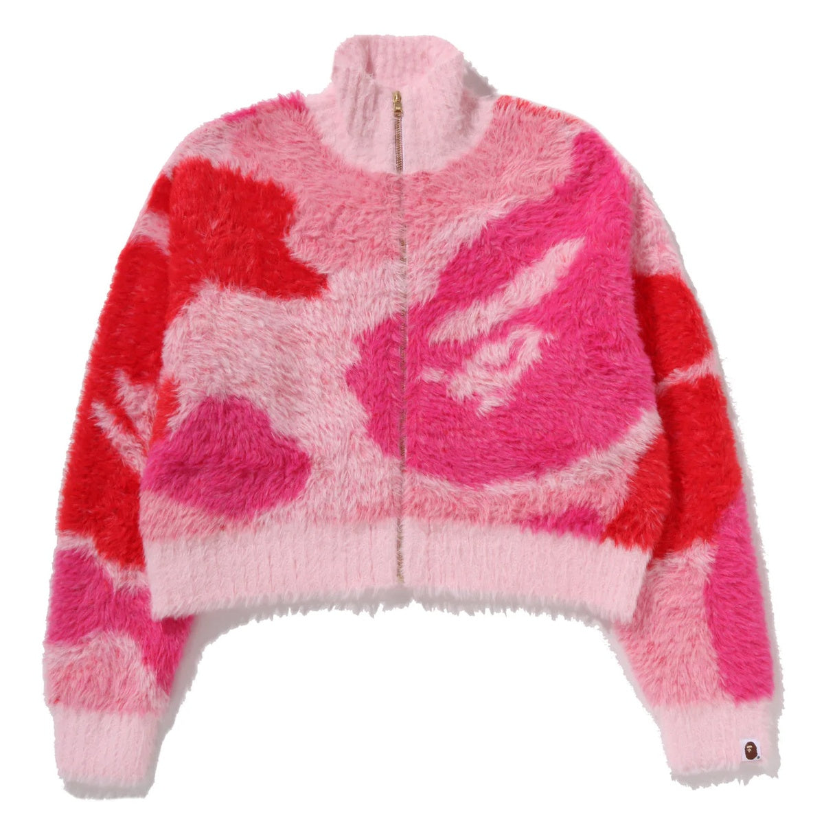 A BATHING APE BAPE LADIES' MEGA ABC CAMO LONG FUR MOCKNECK CROPPED ZIP CARDIGAN PINK