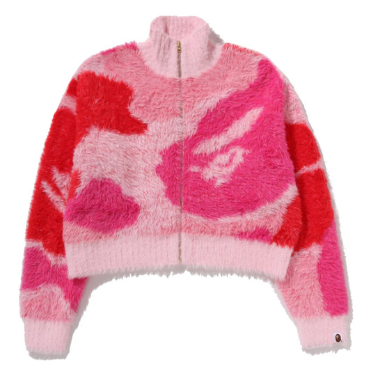 A BATHING APE BAPE LADIES' MEGA ABC CAMO LONG FUR MOCKNECK CROPPED ZIP CARDIGAN PINK