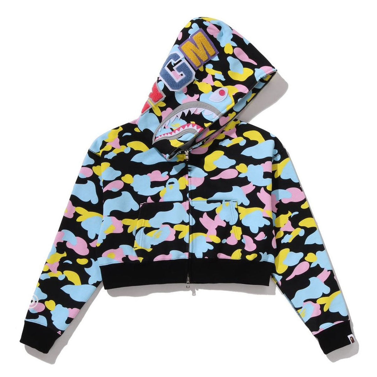 A BATHING APE BAPE LADIES' NEW MULTI CAMO CROPPED SHARK FULL ZIP HOODIE BLACK