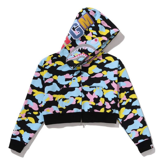 A BATHING APE BAPE LADIES' NEW MULTI CAMO CROPPED SHARK FULL ZIP HOODIE BLACK