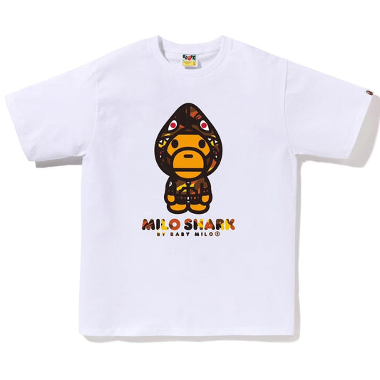 A BATHING APE BAPE 1ST CAMO MILO SHARK FZH TEE WHITE ORANGE