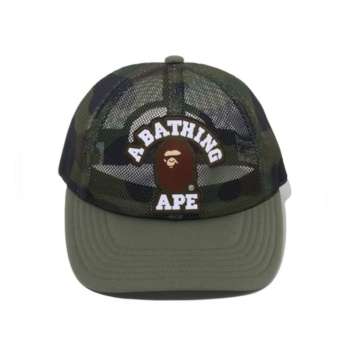 A BATHING APE BAPE 1ST CAMO COLLEGE PATCHED MESH CAP GREEN