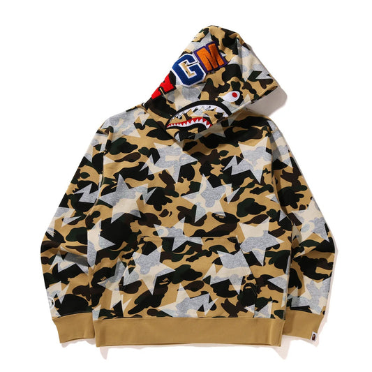 A BATHING APE BAPE STA OVER PRINT 1ST CAMO SHARK CROPPED FIT PULLOVER HOODIE YELLOW
