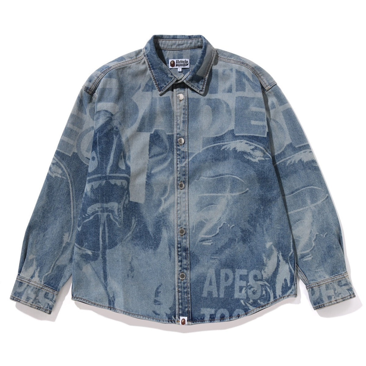 A BATHING APE BAPE OVERRALL LASERED DENIM L/S SHIRT LIGHT INDIGO