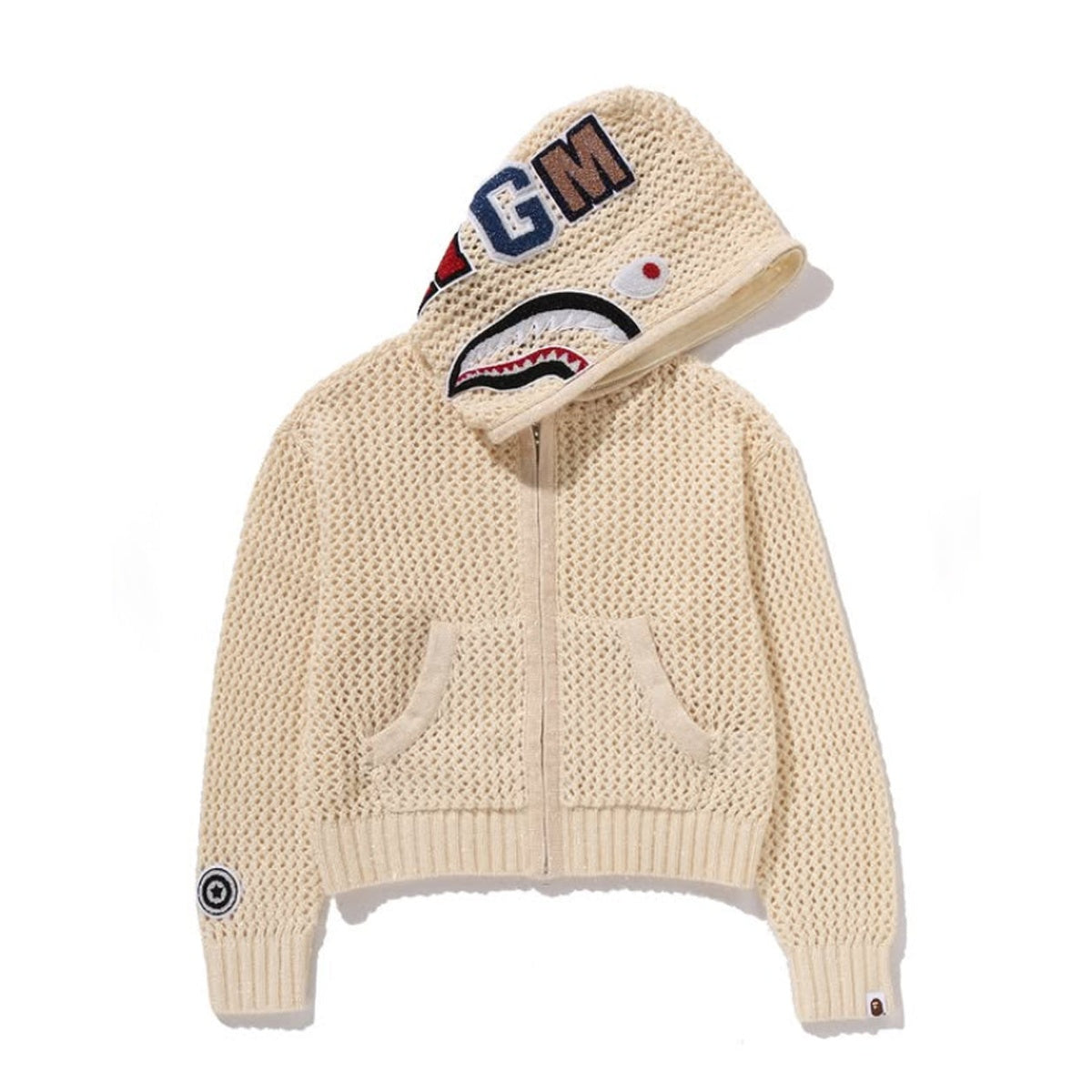 A BATHING APE BAPE LADIES' METALLIC CROCHET SHARK FULL ZIP HOODIE IVORY
