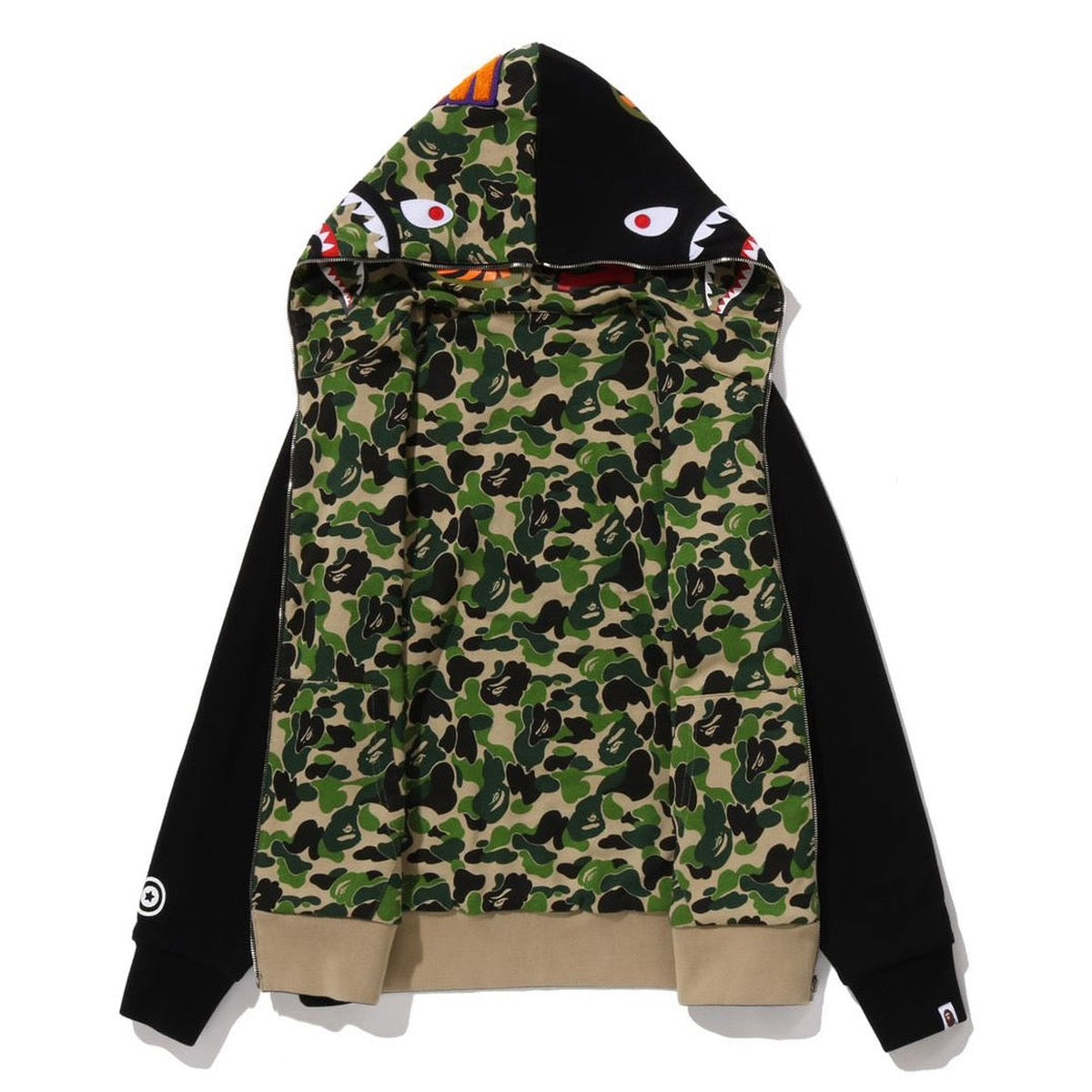 A BATHING APE BAPE ABC CAMO REVERSIBLE SHARK FULL ZIP HOODIE GREEN