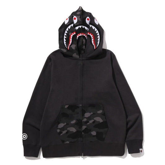 A BATHING APE BAPE COLOR CAMO SHARK FULL ZIP DOUBLE HOODIE BLACK