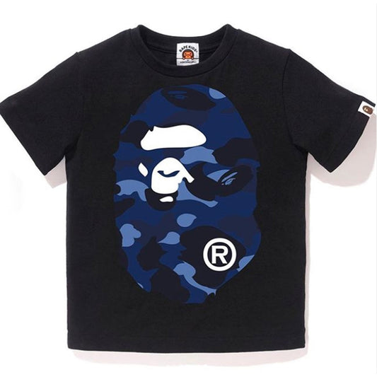 A BATHING APE BAPE KIDS COLOR CAMO BIG APE HEAD TEE BLACK NAVY