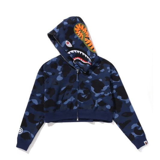 A BATHING APE BAPE Ladies' COLOR CAMO CRYSTAL STONE SHARK CROPPED FULL ZIP HOODIE NAVY