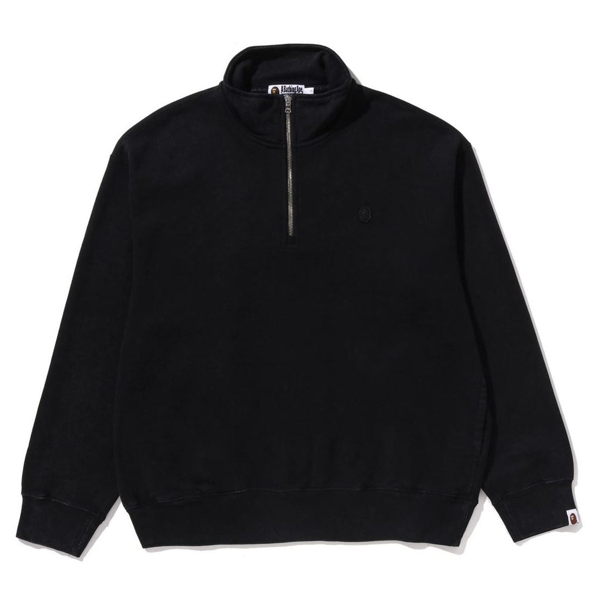 A BATHING APE BAPE GARMENT DYE ONE POINT HALF ZIP RELAXED FIT CREWNECK SWEAT SHIRT BLACK