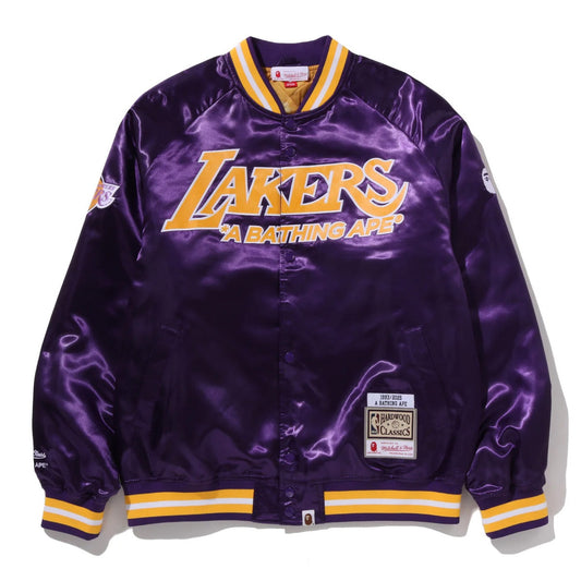 A BATHING APE BAPE M&N NBA LOS ANGELS LAKERS SATIN JACKET PURPLE