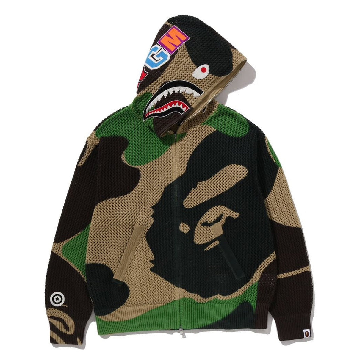 A BATHING APE BAPE ABC CAMO CROCHET SHARK RELAXED FIT FULL ZIP HOODIE GREEN