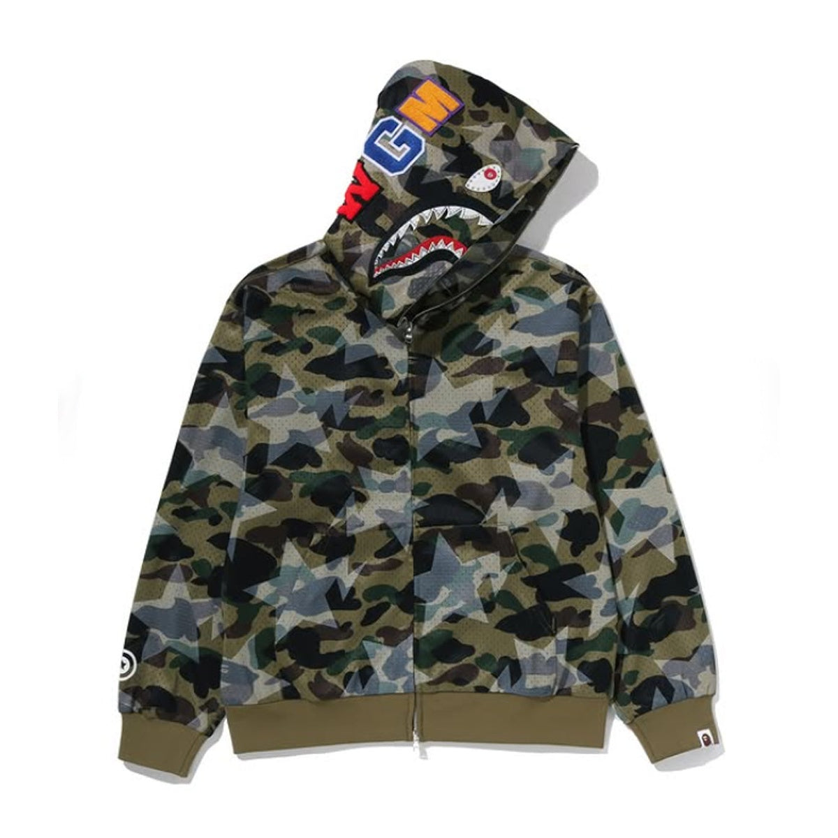 A BATHING APE BAPE STA OVER PRINT 1ST CAMO MESH SHARK CROPPED FIT FULL ZIP HOODIE GREEN