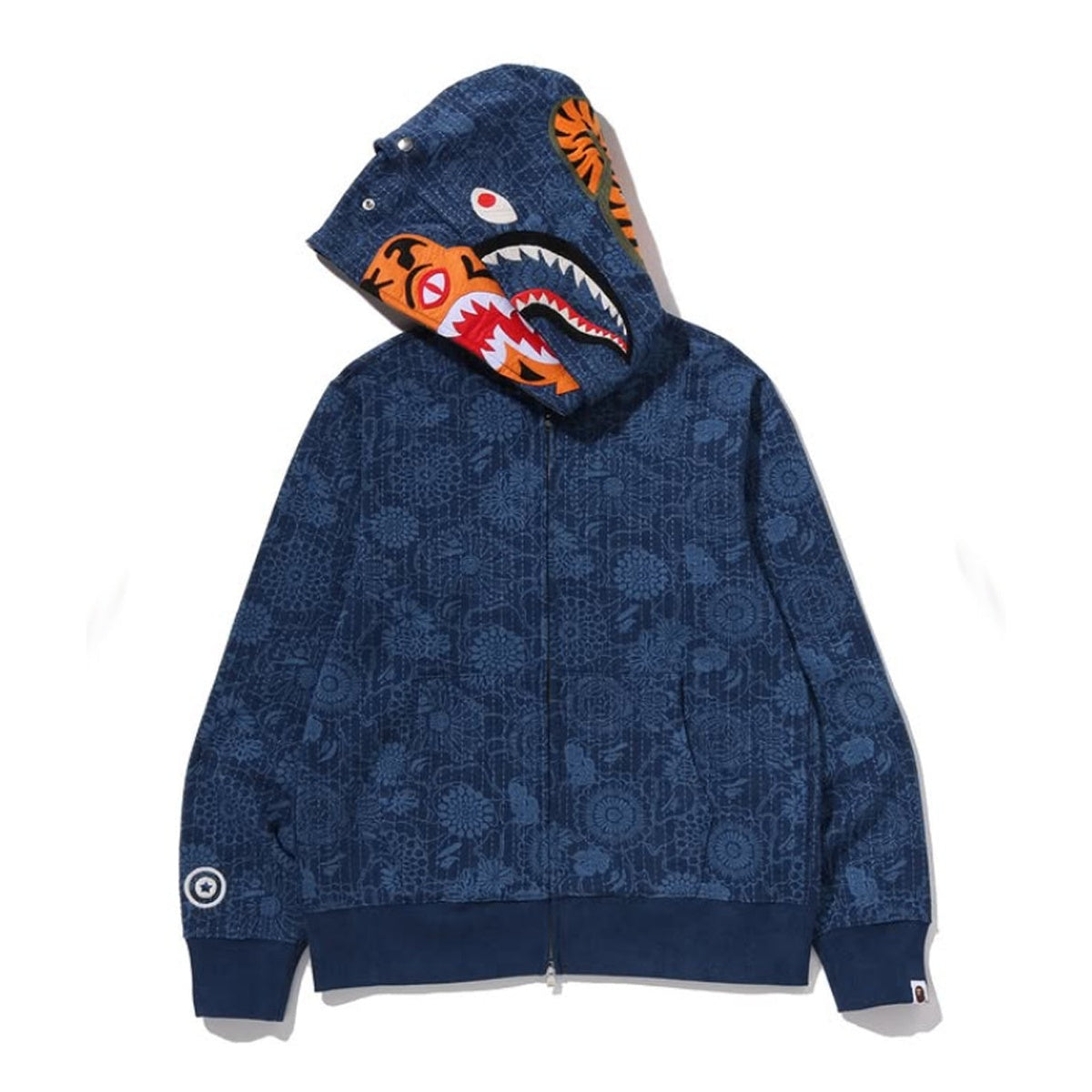 A BATHING APE BAPE JAPANESE INDIGO ART CAMO DOUBLE TIGER SHARK FULL ZIP HOODIE INDIGO